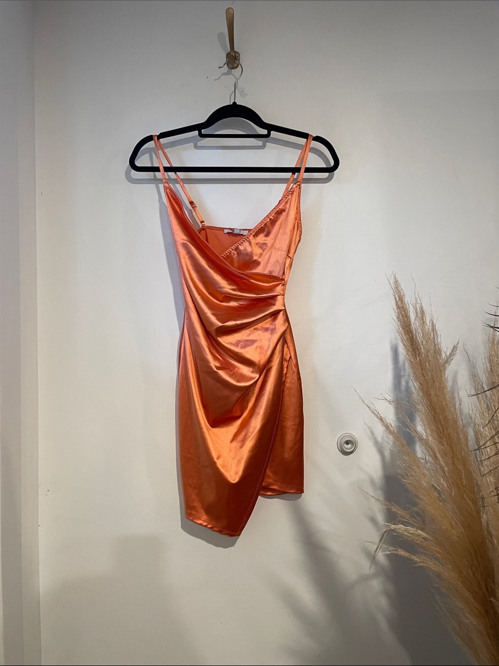 Iris Satin Asymmetrical Mini Dress in Orange Sz S B140